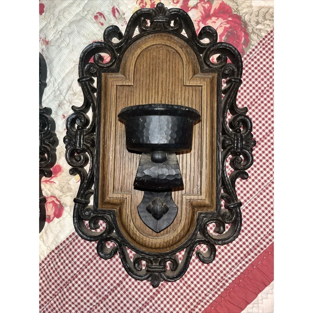 MCM Wall Sconce Candle Holders Faux ‎ Wood Faux Metal Syroco LXXI (1971) Gothic